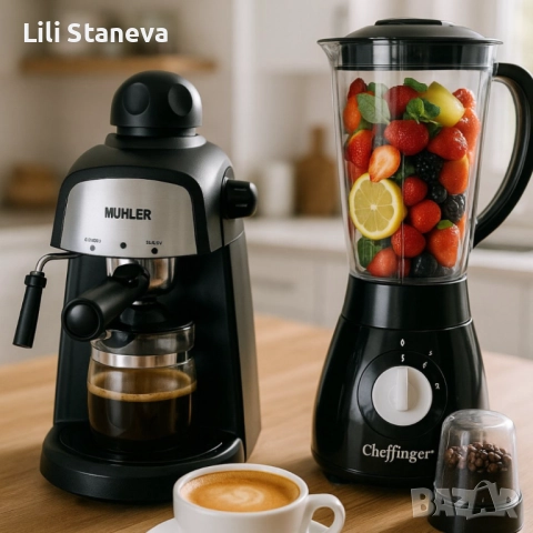 Комплект от еспресо машина MUHLER MCM-33 + 2 стъклени чаши и блендер с мелничка Cheffinger Home CF-P, снимка 6 - Кафемашини - 52469369