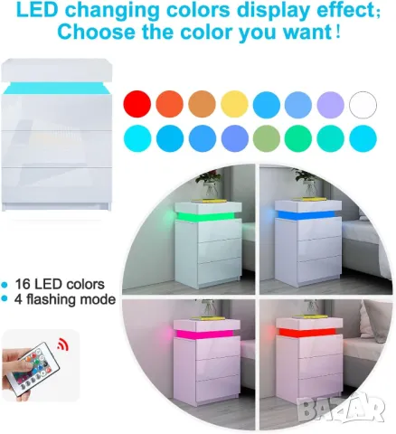 Нощно шкафче, 3 чекмеджета, лед LED светлини за спалня, всекидневна, снимка 3 - Шкафове - 49680648