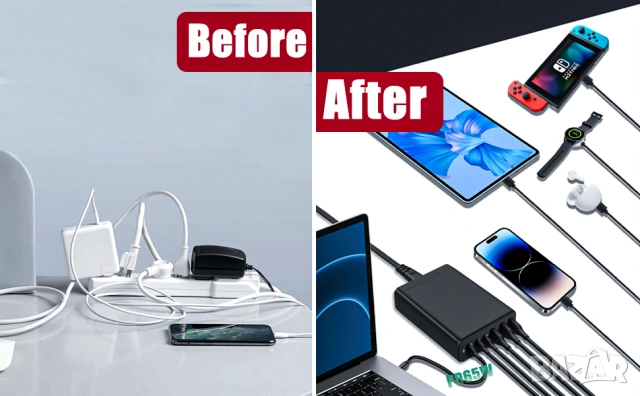 Станция за бързо зареждане хъб блок 120W GaN III 6-портова 65W порт, снимка 3 - Резервни части за телефони - 53439933