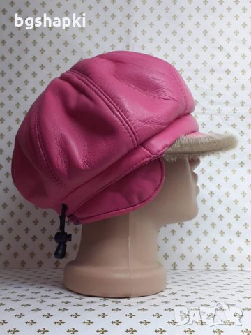 Дамска кожена шапка каскет в розов цвят -69, снимка 3 - Шапки - 35274382