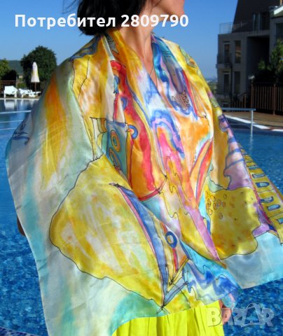 Оригинален копринен шал с градски мотиви на червена лодка в пристанището на Несебър / Original Scarf, снимка 10 - Шалове - 34758777