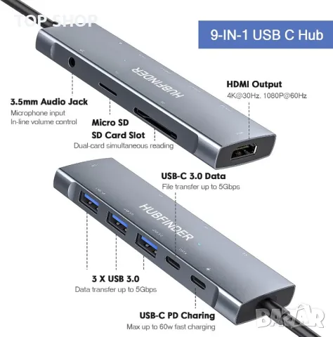 USB C хъб, многопортов адаптер 9 в 1  хъб със 100W мощност, снимка 8 - Захранвания и кутии - 49157903