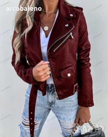 Дамско PU късо кожено яке с цип, 2цвята , снимка 7 - Якета - 47289198