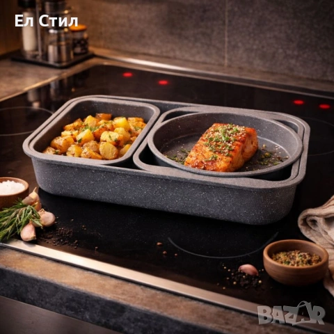Комплект 4 тави за печене Cheffinger с мраморно незалепващо покритие–различни форми, снимка 2 - Съдове за готвене - 53573233