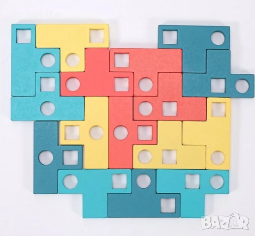 Логическа интересна дървена игра с геометрични фигури и двустранни шаблони., снимка 3 - Образователни игри - 34840470