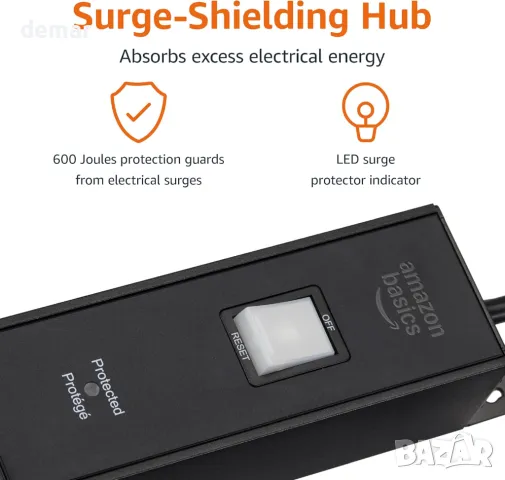 Amazon Basics метален разклонител, защита от пренапрежение, 9 изхода (щепсел за Великобритания), снимка 3 - Други стоки за дома - 49405105