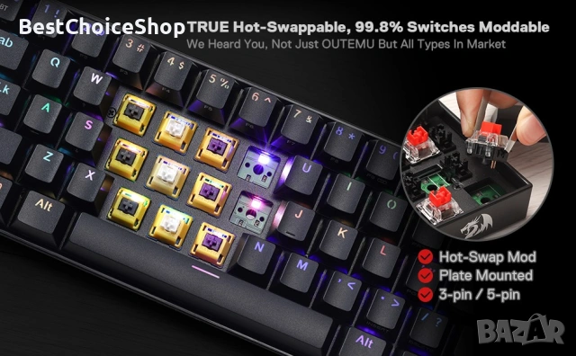 Redragon K530 Pro Draconic 60% безжична гейминг механична клавиатура RGB, снимка 14 - Клавиатури и мишки - 53585098