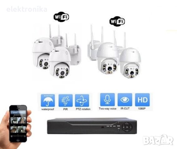 WiFi Комплект DVR с четири WiFi PTZ IP камери със звук и цветно нощно