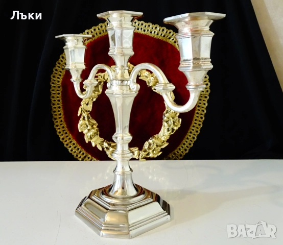 Посребрен свещник тройка,троен свещник от мед. , снимка 5 - Антикварни и старинни предмети - 52978362