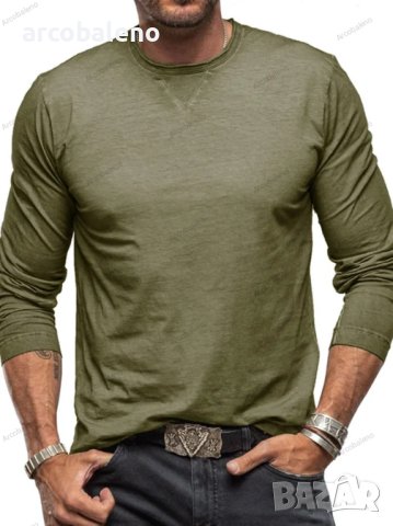 Мъжка едноцветна памучна тениска с кръгло деколте и дълъг ръкав, 6цвята, снимка 5 - Тениски - 43507038