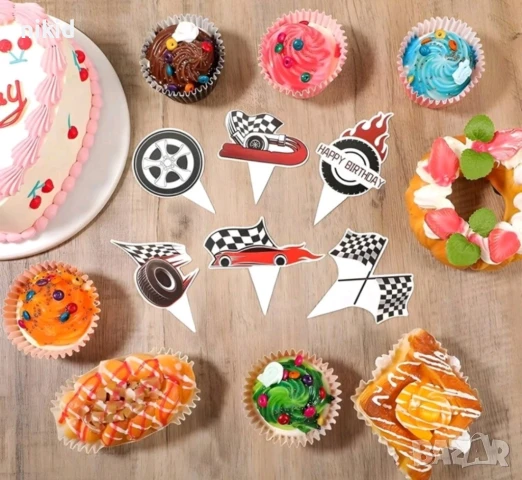24 бр Рали Формула къси остри картонени топери за торта мъфини кексчета парти рожден, снимка 5 - Други - 50482972