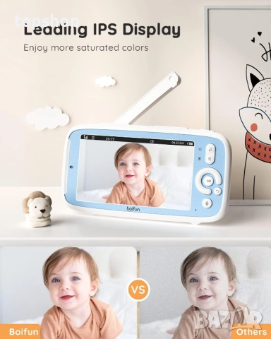 Видео бебефон BOIFUN VB805 с 300 метра обхват, 5 инча, IPS, без Wi-Fi 360° PTZ  камера, VOX..., снимка 3 - Бебефони - 52017458