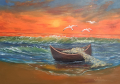 Морски залез лодка и чайки маслена картина , снимка 1 - Картини - 36380217