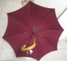  Стар чадър цвят бордо с бродиран кон и дървена дръжка, снимка 3