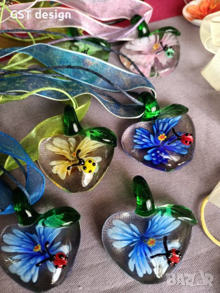 Спешно Колие Висулка Мурано Стъкло Органза Релеф Сърце Калинка , снимка 1