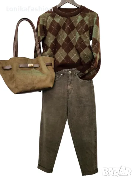 Дънки Мом фит цвят Каки S, снимка 1