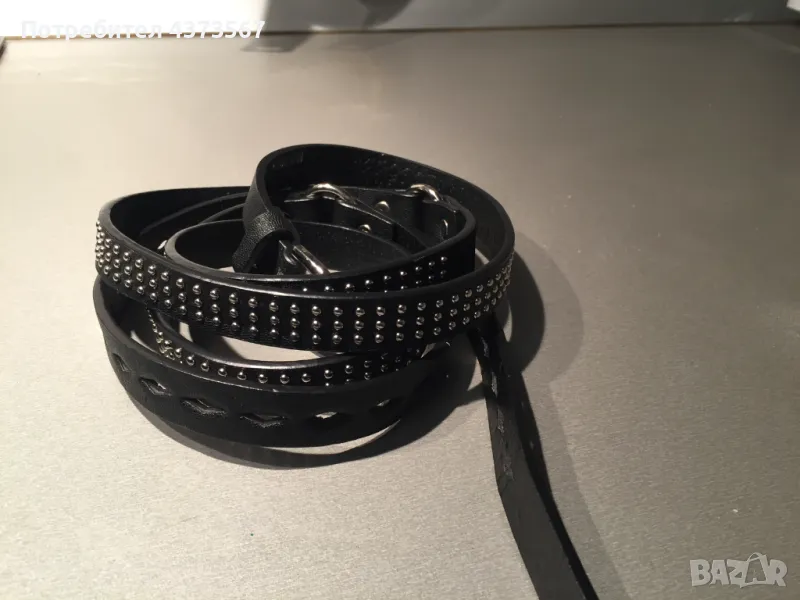 Черен дамски колан от естествена кожа с декорации – сребристи малки точки, снимка 1