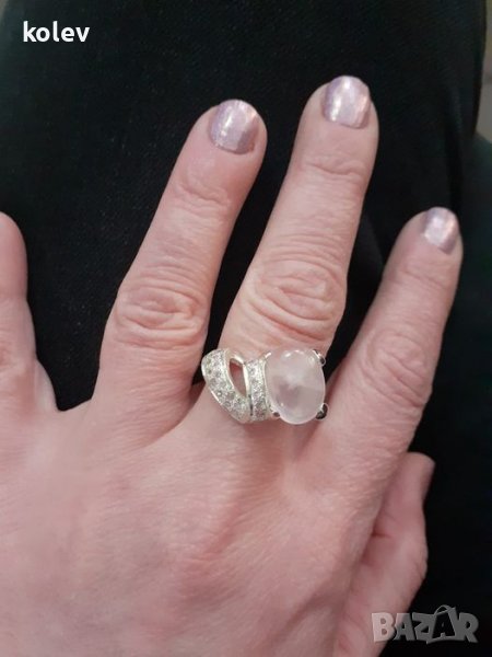 АВТОРСКИ Сребърен пръстен с РОЗОВ КВАРЦ и розови циркони/ размер 59-60, снимка 1