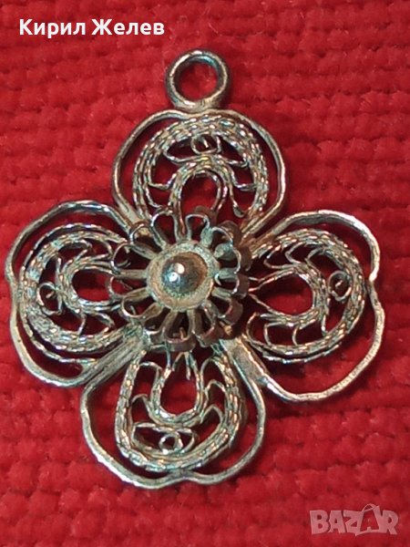 СТАРИННА ФИЛИГРАННА ПОСРЕБРЕНА МЕДНА ВИСУЛКА МЕДАЛЬОН ЧЕТИРИЛИСТНА ДЕТЕЛИНА РЪЧНА ИЗРАБОТКА 40092, снимка 1