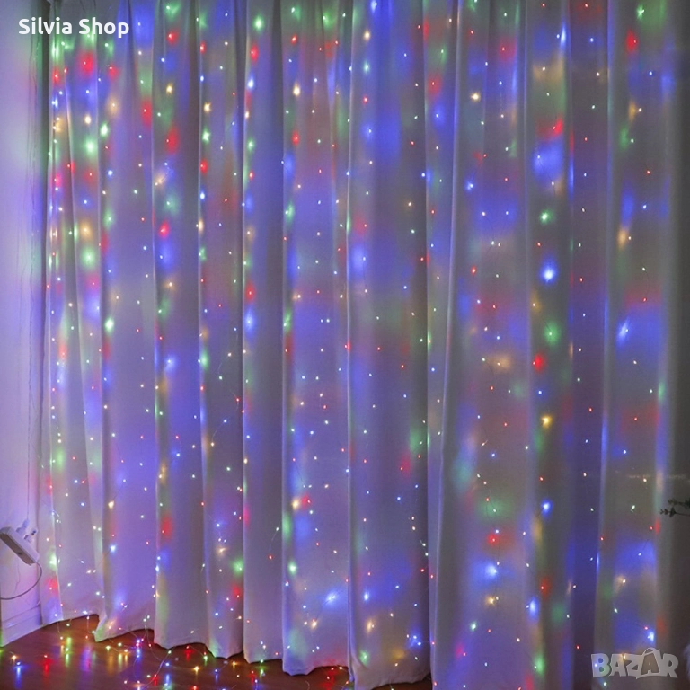 Коледни лампички с 300Led лампи 3 метра на 3 метра ,коледна завеса с дистанционно. Цветове - Студено, снимка 1