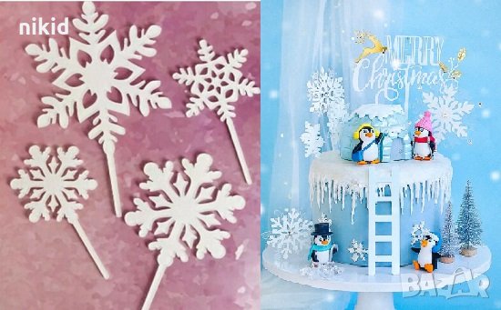 4 бели или сребърни снежинки твърд акрил топери украса за торта кексчета декор , снимка 1