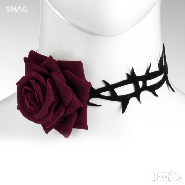 Карнавален аксесоар – чокър с бордо роза и черни кадифени бодли_1244631, снимка 1