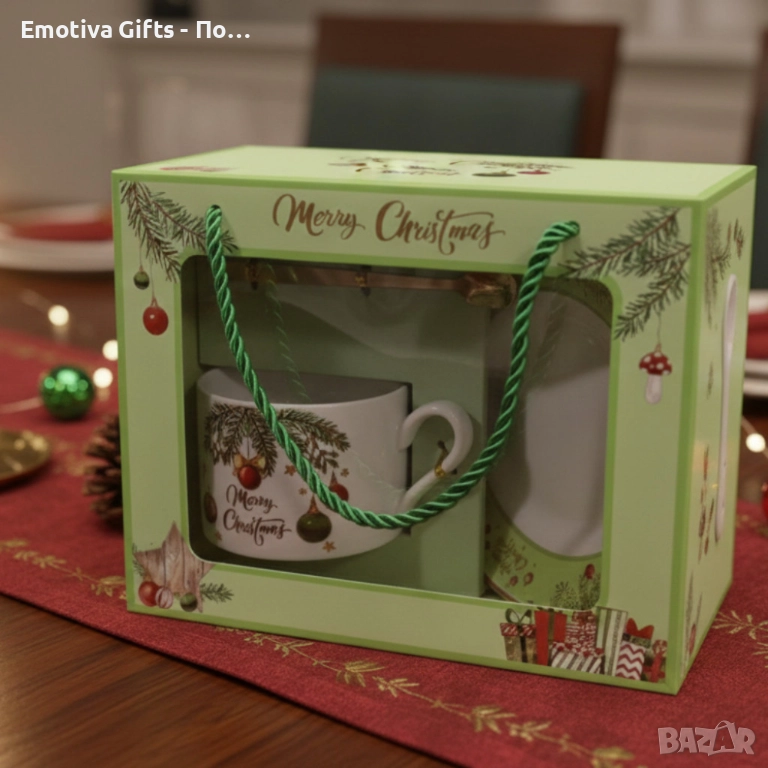 Коледен подаръчен комплект – керамична чаша с лъжичка и чинийка, снимка 1