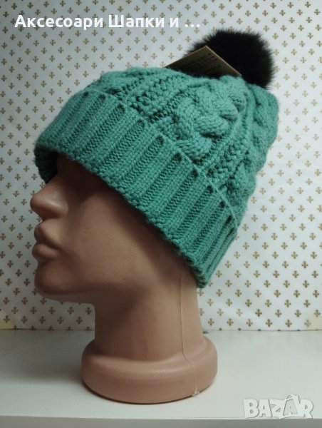Дамска плетена шапка с естествен косъм лукс- мпш39, снимка 1