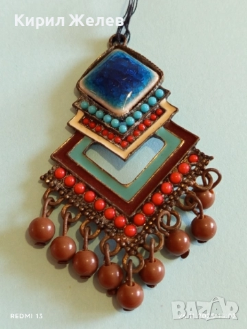 Изящна Тибетска висулка с емайл тюркоаз и корал мъниста АРТ БИЖУ 52214, снимка 2 - Други - 52547634