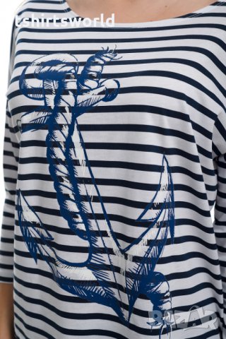 Нова дамска моряшка блуза с паднало рамо, трансферен печат Котва, снимка 2 - Блузи с дълъг ръкав и пуловери - 28375572