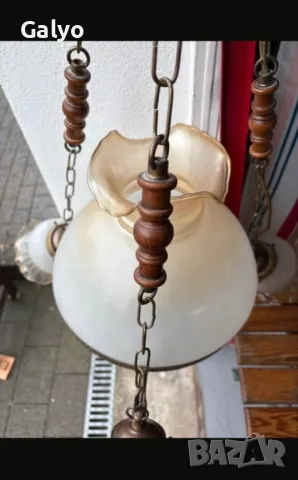 Стар Рустикал Полилей, Лампа, Абажур изработен от дърво, месинг и стъкло, снимка 3 - Лампи за таван - 50247697