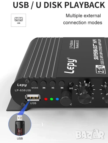 Аудио усилвател за тонколони и бас, стерео аудио система, Bluetooth, USB, домашен, автомобилен, AUX, снимка 8 - Тонколони - 50980023