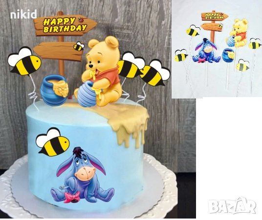 8 бр Мечо Пух картонени топер клечки украса декор торта топери