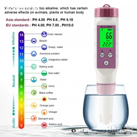 Tестер за измерване на pH, TDS, EC, соленост, S.G, ORP и температура, bluetooth, снимка 2 - Други - 37084265
