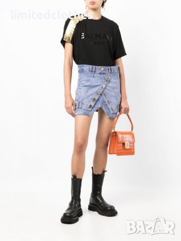 BALMAIN Gold Metallic Sleeve Logo Print Дамска Тениска size L, снимка 4 - Тениски - 40230439