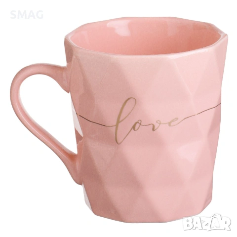 Чаша "New Bone" – Розова с релефни триъгълници и надпис "Love", 360 мл_1245245