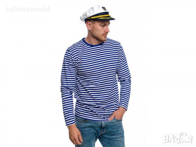 Нов мъжки моряшки комплект: моряшка блуза с дълъг ръкав и капитанска шапка, снимка 6 - Блузи - 32771009
