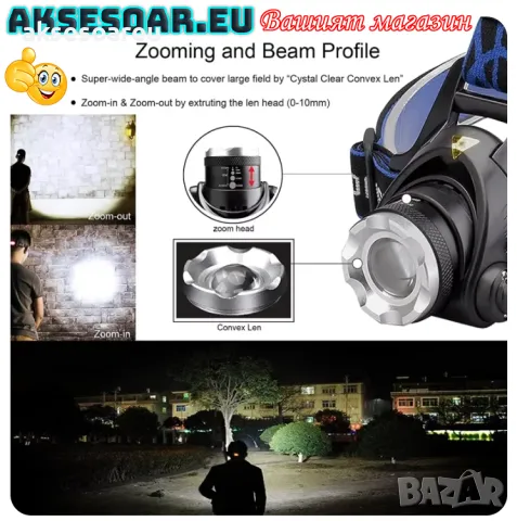 Висококачествен Мощен LED челник Акумулаторен телескопичен фар водоустойчив работен фенер за глава, снимка 10 - Лед осветление - 48100738