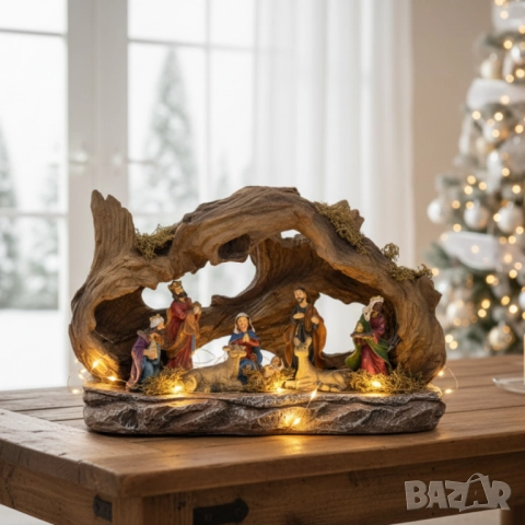 Коледна сцена „Рождество Христово“ – готов комплект с ясли, фигурки и естествен дизайн, 35x13x23 см., снимка 6 - Други стоки за дома - 52134086