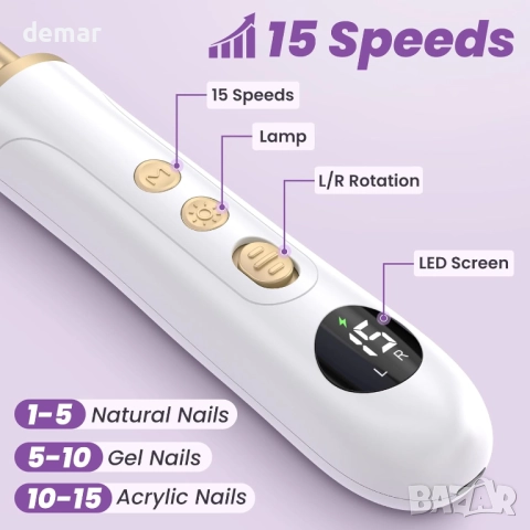 Електрическа безжична пила за нокти с 15 скорости и LED светлина, снимка 6 - Други - 51786172