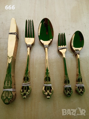 Комплект от 30 части прибори от неръждаема стомана в златен цвят, снимка 9 - Прибори за хранене, готвене и сервиране - 52596372