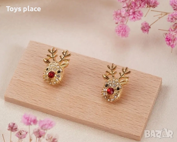 Красиви коледни обеци с циркони, коледни еленчета обеци , снимка 4 - Обеци - 52339530