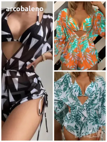 Дамски бански костюм с висока талия от три части с тропически принт, 3цвята 