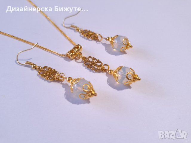 Прекрасен комплект бижута обеци и колие със скъпоценни камъни Опал и филигранни орнаменти цвят злато, снимка 6 - Бижутерийни комплекти - 43414640