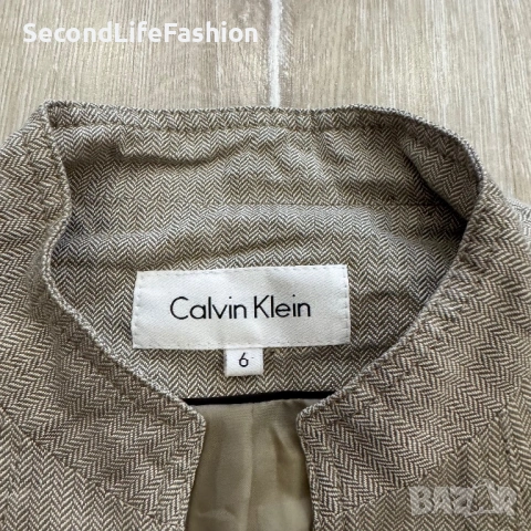 Дамско сако Calvin Klein блейзър ленен сив с колан и дълъг ръкав , снимка 2 - Сака - 53412785