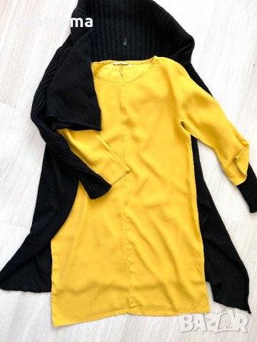 Черна асиметрична жилетка плетиво Benetton & жълта кокетна рокля Vanilia , снимка 10 - Рокли - 43887141