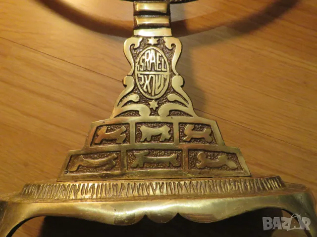 Голям старинен бронзов свещник МЕНОРА с орнаменти и камък син тюркоаз 36х 35см. - еврейски седемсвещ, снимка 3 - Антикварни и старинни предмети - 50026585