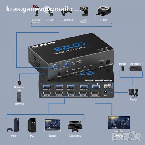 8K HDMI 2.1 KVM превключвател USB 3.0 4 порта с бърз клавиш, снимка 2 - Други - 37131651