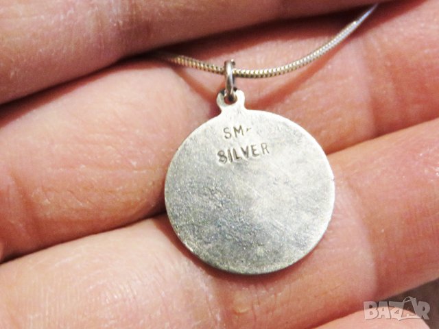 Старинен медальон и сребърно синджирче  - Свети мъченик Христофор пресича поток и носи дете сребро, снимка 5 - Колиета, медальони, синджири - 33227603