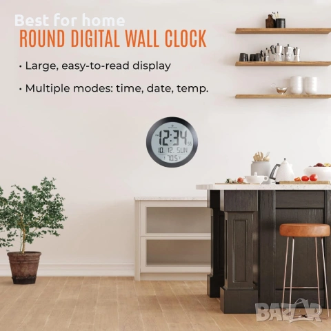 Стенен часовник Marathon Miami, дигитален кръгъл, безшумен, вграден термометър, снимка 2 - Стенни часовници - 53379621
